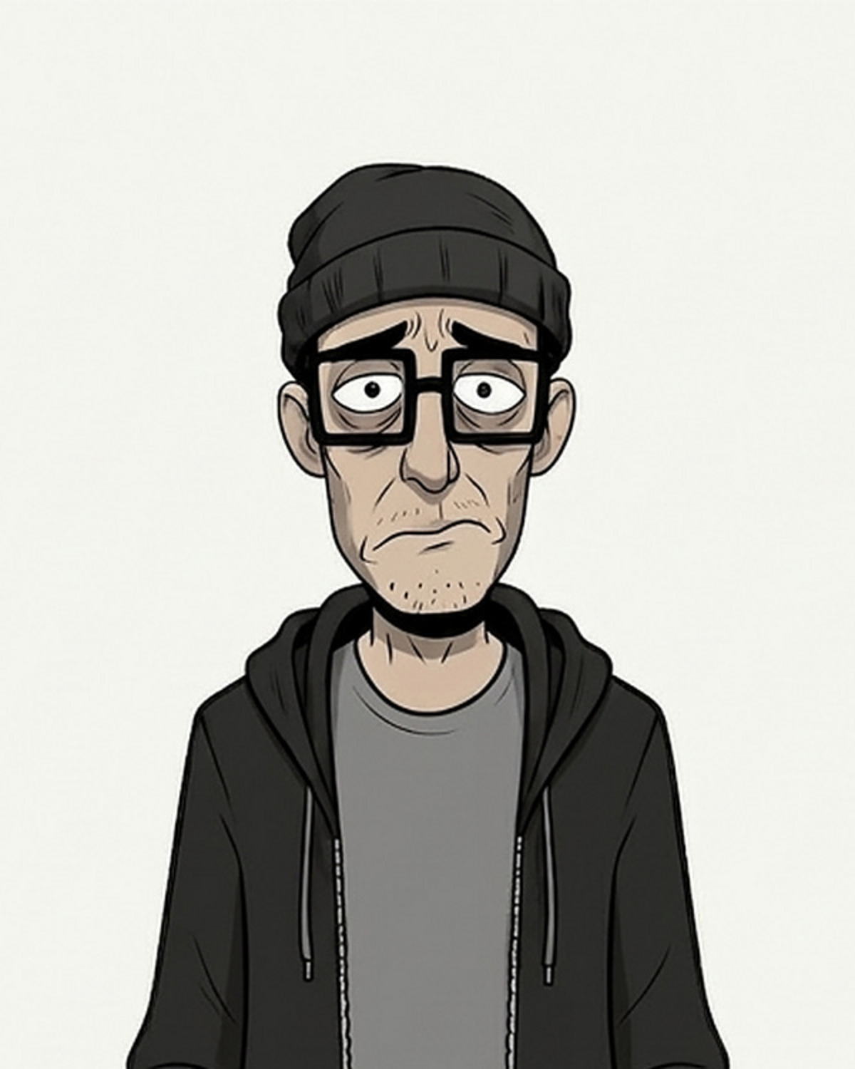 Medium close-up portrait of Gordon in his black beanie and glasses